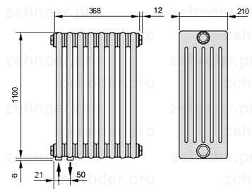 Схема (чертеж) Радиатор Zehnder Charleston 6110/8 №3370 Белый глянцевый RAL 9016